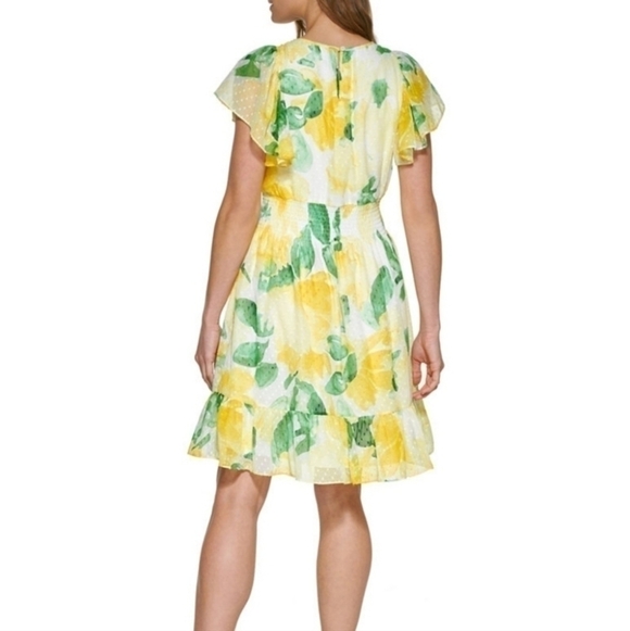 DKNY Flutter-Sleeve Clip-Dot Smock-Waist Dress Size 12 NWT - Picture 2 of 15